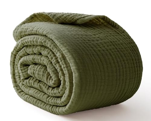 100% Cotton Muslin Blanket Large 50" x 70", Breathable and Lightweight Cotton Throw Blankets for Bed and Couch, Soft Cooling Summer Gauze Blanket for Adults All Season, Olive Green