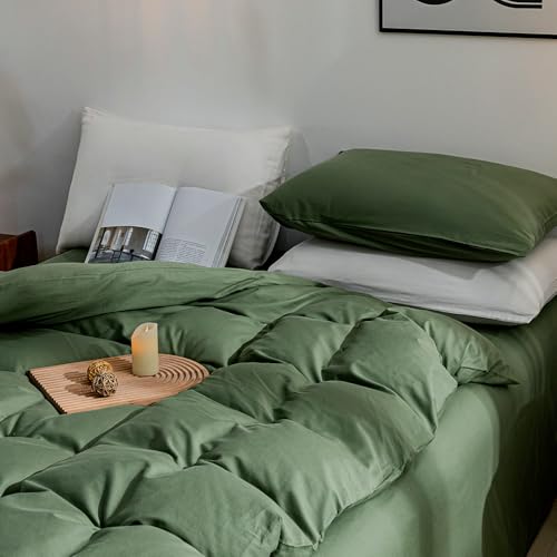 JELLYMONI Green Duvet Cover Twin Size - 100% Washed Cotton Linen Feel Textured Comforter Cover, 2 Pieces Breathable Soft Bedding Set with Zipper Closure (Green, Twin 68"x90") — view 2