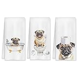 HUGANE Pug Decor Kitchen Towels, Set of 3, 16x24 Inch, Cotton, Rustic, Absorbent & Quick-Drying, Multi-Purpose, Gift Idea