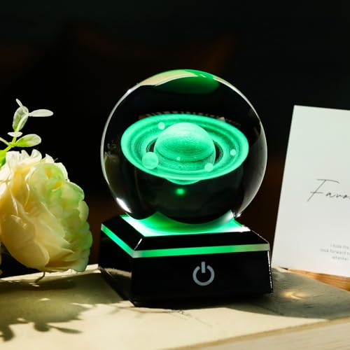 Image of Arikyrist 3D Saturn Crystal Ball Figurine with LED Base, Laser Engraved Glass Planet Model Sphere Gifts for Home Office Decor, Saturn Planet Model Space Universe Gifts for Astronomy Lovers (80mm)