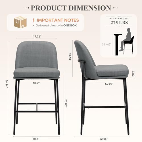 Image of COLAMY Counter Height Bar Stools Set of 2, 25 Inch Modern Fabric Kitchen Island Stools with Back, Upholstered Counter Barstools Armless Bar Chairs with Metal Legs for Island Dining Room Bar,Dark Grey