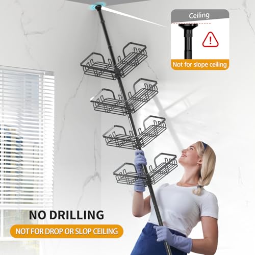 Image of KEGII Adjustable Shower Caddy Corner Tension Pole, Rustproof Shower Rod Organizer with Hooks, Floor to Ceiling Tension Rod 25-114.2 Inch, Bathtub Storage Organizer for Shampoo, 4-Tier Black