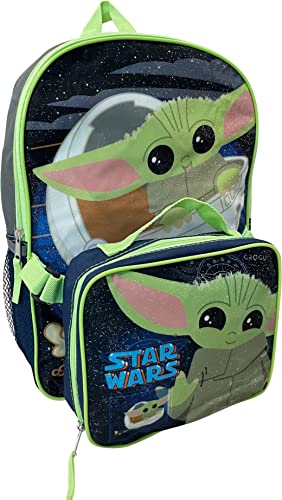 Mochila infantil Star Wars The Mandalorian Baby Yoda de 38 cm com lancheira removível (cinza-azul-ma