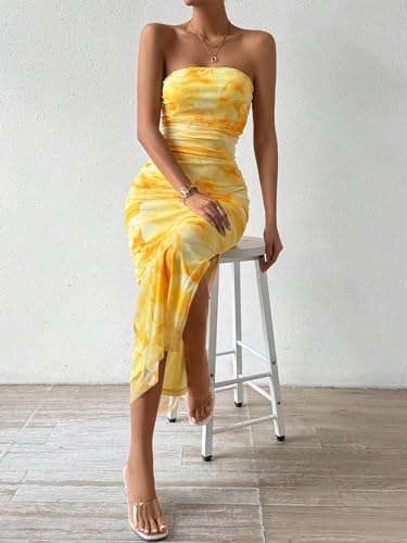 Image of GORGLITTER Women's Floral Strapless Bodycon Wedding Guest Dress Vacation Summer Birthday Tropical Maxi Long Sun Dresses