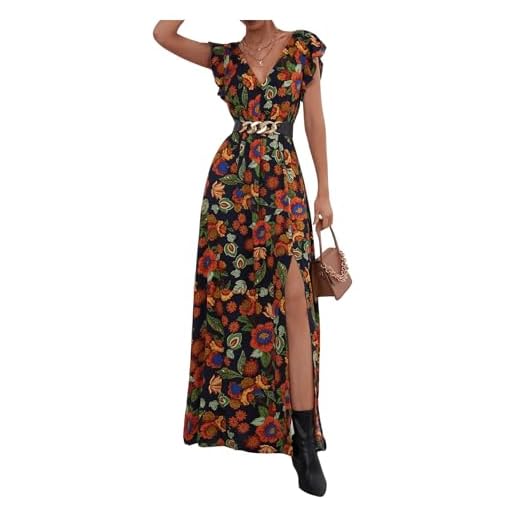 Floerns Women's Boho Ruffle Trim Short Sleeve V Neck Split Thigh Maxi Dress Multi S
