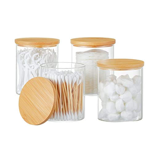 INIUNIK 4 Pack Glass Qtip Holder Dispenser Glass Apothecary Jars with Lids Cotton Ball Swab Pad Holder Bathroom Essential Canisters Accessories Jars for Bathroom Organization Vanity Organizers