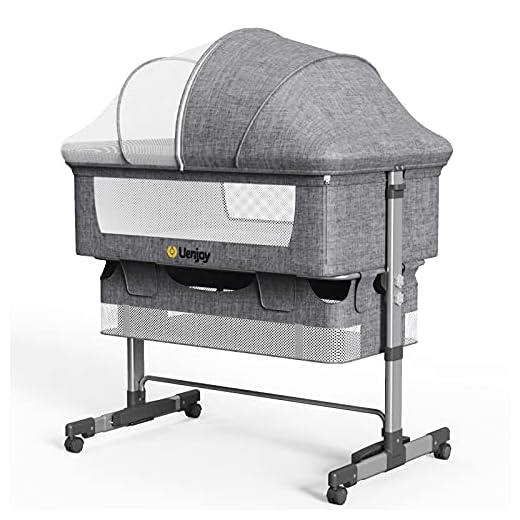 Uenjoy Baby Bassinet, Bedside Sleeper,Foldable Baby Bed to Bed, 6 Height Adjustable Portable Crib for Newborn/Infant,with Mosquito Nets, Large Storage Bag, Mattresses, Lockable Wheels,Gray