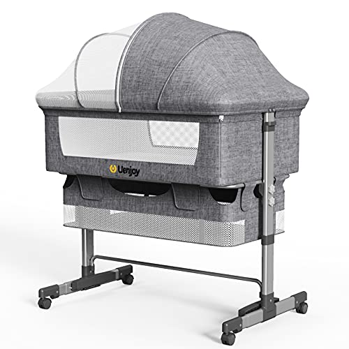 Image of Uenjoy Baby Bassinet, Bedside Sleeper,Foldable Baby Bed to Bed, Adjustable Portable Bed for Infant/Baby/Newborn,with Mosquito Nets, Large Storage Bag, Comfortable Mattresses, Lockable Wheels,Gray