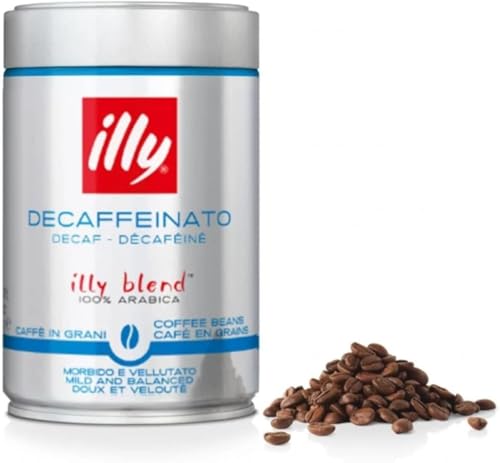 illy, kávová zrna k mletí BEZKOFEINOVANÁ, 100% Arabica s tóny karamelu, čokolády a toustového chleba, bez kofeinu, vyvážená chuť, 1 plechovka 250g