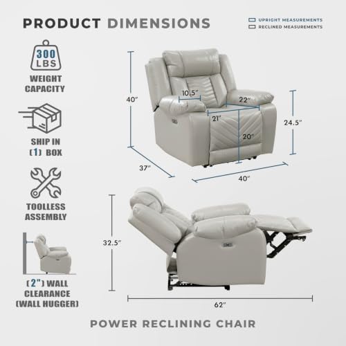 Image of Lexicon Faux Leather Power Recliner, Wall Hugger Reclining Chair, Gray