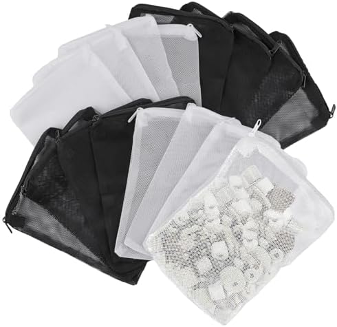 16Pcs Aquarium Filter Media Bags Extra Fine, 7.8 x 5.9 Inch Filter Media Bag with Zipper, White & Black Aquarium Mesh Bag for Fish Tank Activated Carbon, Ceramic Rings