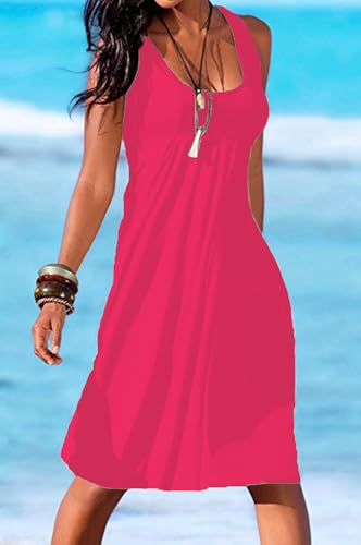 Image of Camisunny Women Casual Loose Tank Dresses Sleeveless Beach Vacation Dress Swing Pleated U Neck Fashion Soft