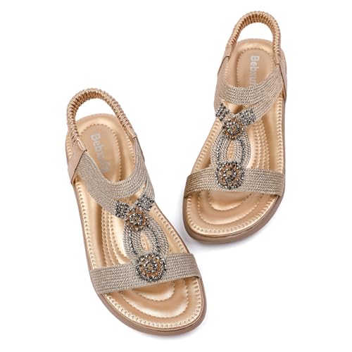 Bebxufa Boho Sparkly Cute Flat Sandals for Women Dressy Comfortable Wide Width Summer Beach Shoes for Walking Rose Gold 8