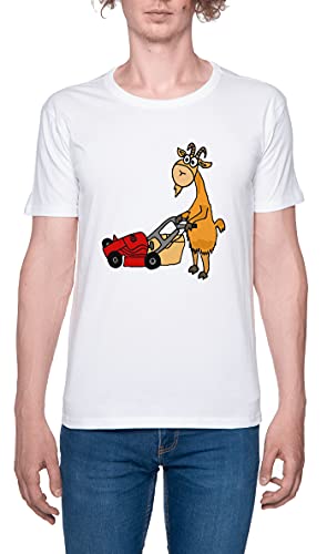 Cabra Paisajismo Cortacésped En Jardín Camiseta para Hombre Blanca De Manga Corta Ligera Informal con Cuello Redondo Men's Tshirt White