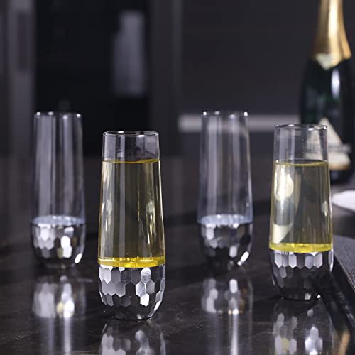 Mygift Modern Stemless Champagne Flute Glass Set Of 4 Party Drinkware, Cocktails Prosecco Mimosa Glasses With Hammered Silver Plated Bottoms #TOP3