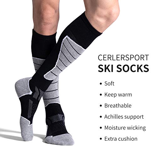 Celersport 2 Pack Men's Ski Socks For Skiing, Snowboarding, Cold Weather, Winter Performance Socks, Black+Light Grey, Shoe Size 9-12 #TOP3