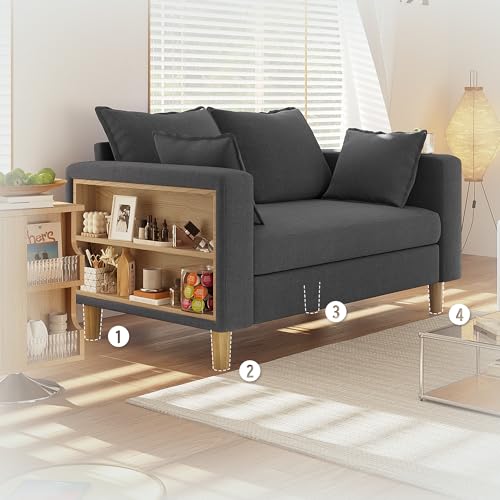 ソファー 2人掛けソファ ファブリック 一人暮らし 枕付き リネン生地 おしゃれ 収納付き 北欧風 幅123cm 天然木脚 ロボット掃除機対応 (ダークグレー)