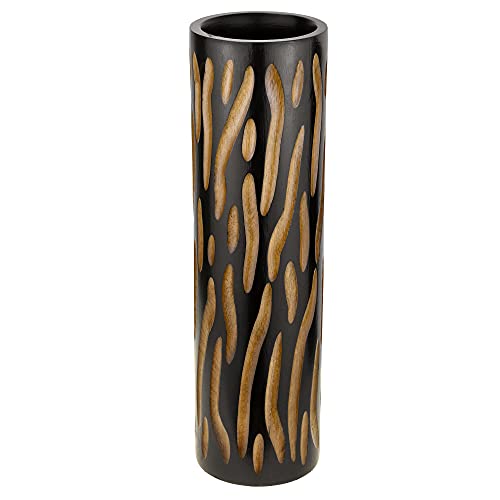 AeraVida Eco-Chic Hand Carved Brown 14-inch Cylinder Mango Tree Wood Vase | Tall Wooden Flower Vase | Home Decor