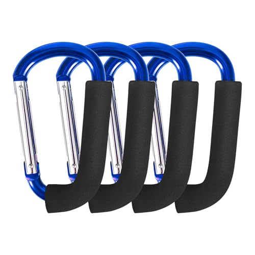 Stroller Hooks 4 Pack, 5.5" Blue Baby Stroller Clips for Baby Diaper Bag, Grocery, Purse, Hanging Bags, Mommy Hook Backpack Accessories for Outdoor, Camping and Hiking, Large Carabiner Clip