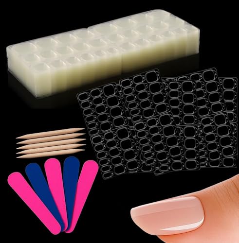 1200 PCS Press on Nail Adhesive Tabs, 50 Sheets Double Sided Nail Sticky Tabs with 15 Sizes, Professional Waterproof Fake Nail Glue Stickers for Manicure, Includes 5 Wood Sticks and 5 Nail Files