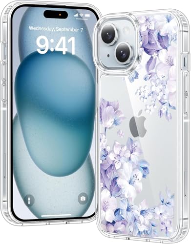 Image of Elzzi Transparent Flower Cover for iPhone 15 Case Shockproof Floral Design Full Camera Protection Shockproof PC+TPU Covers for Girls & Women (Ice)