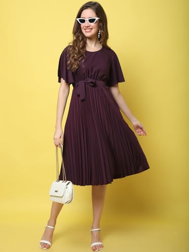 Image of Fabflee Women's Polyester A-Line Standard Length Dress (FB-P1-Pleated-202 M Purple M)