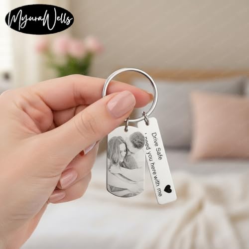 Image of Personalized Photo Keychain, Custom Drive Safe Keychain with Picture Engraving, Romantic Couple Key Ring Gift for Boyfriend /Girlfriend, Anniversary, Valentine, Birthday, Long Distance Gift