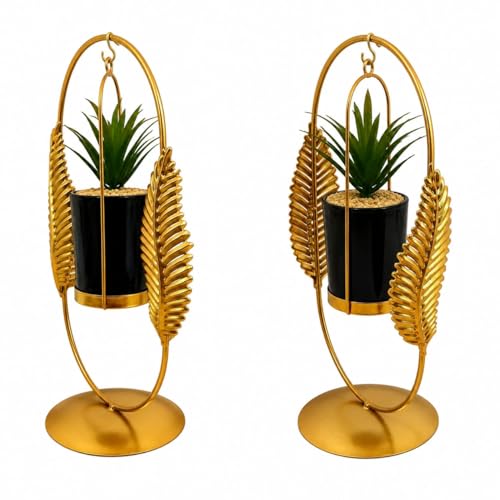Image of Luxury Golden Metal Hanging Planter Stand with Decorative Leaf Design & Black Pot | Modern Tabletop Plant Holder for Home Decor, Living Room, Office & Balcony