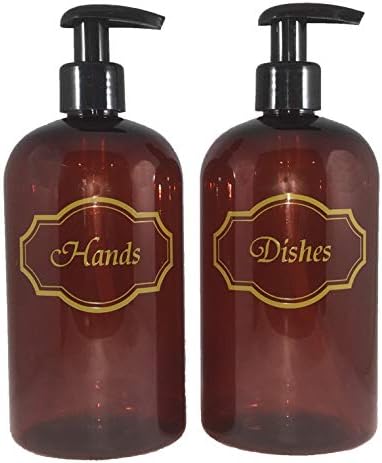 Bottiful Home- 16 oz Amber Hand Soap and Dish Soap Dispenser Kitchen Sink Pump Bottle Set-Gold Print-Empty PET Plastic-Waterproof, Rust-Free, Clog-Free, Drip-Free