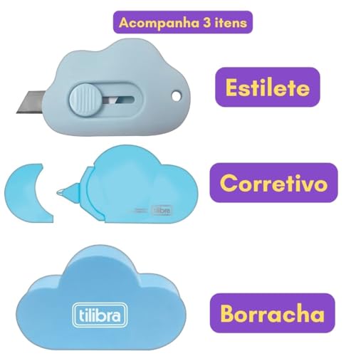 Tilibra Kit Nuvem Azul: Corretivo em Fita + Mini Estilete + Borracha, 3 Peças