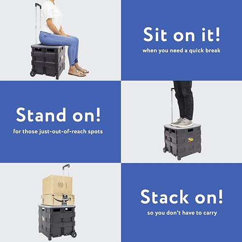 Image of dbest products Quik Cart Collapsible Rolling Crate on Wheels for Teachers Tote Basket 80 lbs Capacity, Made from Heavy Duty Plastic and Used as a Seat, Grey