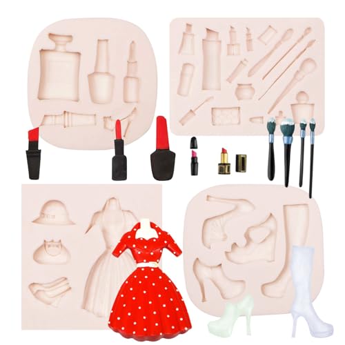 Muyulin Makeup Silicone Molds, 4 Packs Heels Skirt Clothes Chocolate Molds for Girls Birthday Cake Decoration Cupcake Toppers Valentine Day Cake Pops Resin Sugar Craft Candy