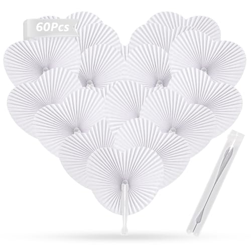 Oungy 60 abanicos de papel para bodas, plegables, color blanco, regalo para invitados de boda, mango de plástico, para verano, bodas, cumpleaños, fiestas, manualidades, regalos para invitados, viajes