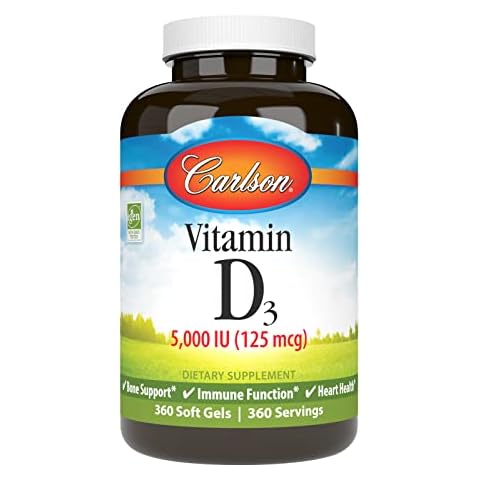 Carlson - Vitamin D3 5000 IU (125 mcg), Bone Health, Muscle Health, Cholecalciferol, Vitamin D Supplements, Vitamin D3 Soft Gels, 360 Softgels Cover