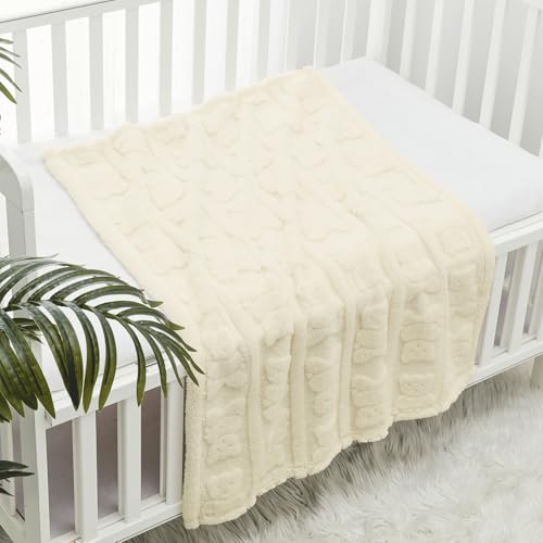 Image of CREVENT 30"X40" Cozy Soft Warm Sherpa Baby Blanket for Girls Boys, Newborn Essentials for Infant, Baby Shower Receiving Gift - Ivory Bear 75X100cm + Gift Bag with Ribbon
