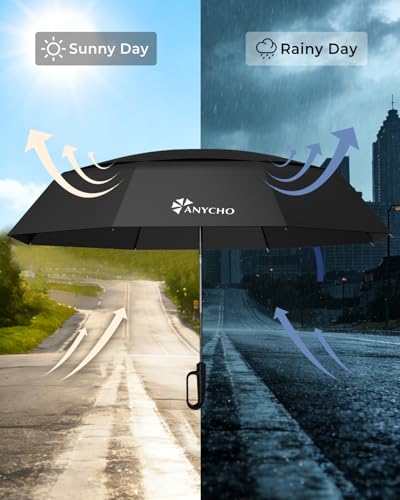 Image of ANYCHO 54 Inch Umbrella for Rain Big Size, Double Layer Vented Sun Umbrella with Carabiner Handle & 8 Double Ribs, Windproof Waterproof Auto Open Umbrella for Men Women