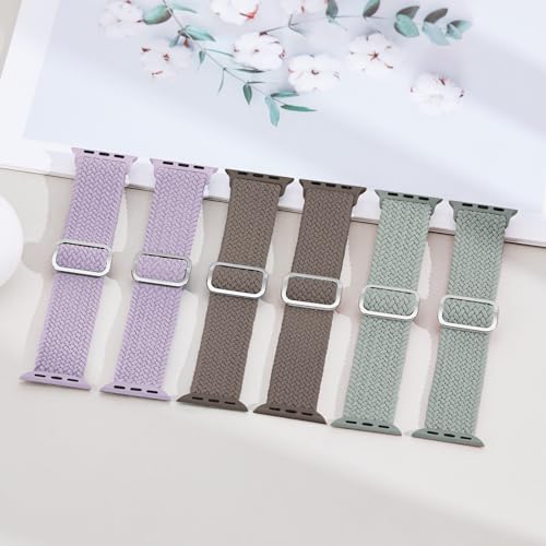Image of 6 Pack Braided Stretchy Bands Compatible with Apple Watch Band 38mm 40mm 41mm 42mm 44mm 45mm 46mm 49mm Women Men, Adjustable Nylon Solo Loop Elastic Straps for iWatch Series 11 10 9 8 7 6 5 4 SE Ultra