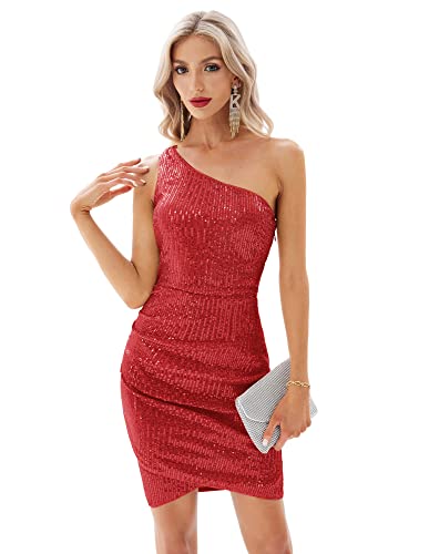 Red Sequin Dress For Women Glitter Sparkle Club Dress Cocktail Party Ruched Wrap Bodycon One Shoulder Dresses Red 2Xl #TOP1