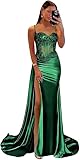 Satin Prom Dresses Mermaid Pleated Long Ball Gown with Slit Lace Appliques Corset Evening Formal Gown Emerald Green M