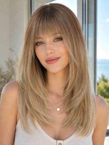 Eawwii Beginner-Friendly Wig with Bangs for Women Ombre Brown to