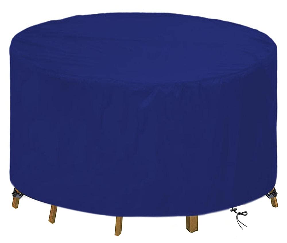 Funda de mesa de jardín redonda y cortavientos azul para disfrutar de terrazas limpias