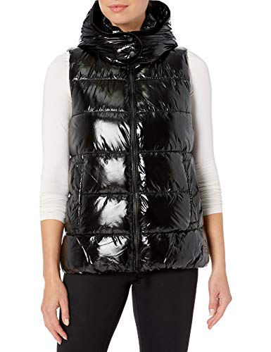 Calvin Klein Women's Quilt Vest with Velvet Trim and Detachable Hood, Ebony, Medium