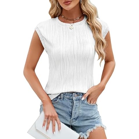 Edelqual Women's Summer Dressy Casual Shirts Trendy Textured Tops Basic Tops for Woman(White-1,Medium) Cover