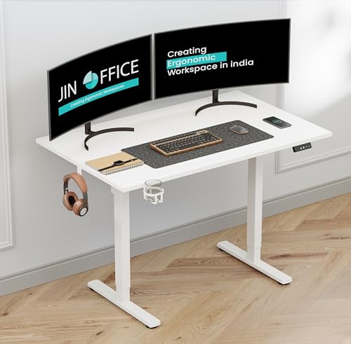 Image of Jin Office Octave Neo Electric Height Adjustable Desk| Sit Stand Table with 80 Kg Wt. Cap, 2 Year Warranty| Ergonomic Standing Desk with Memory Preset,Cup Holder| Stability Crossbar| 1100*600mm White