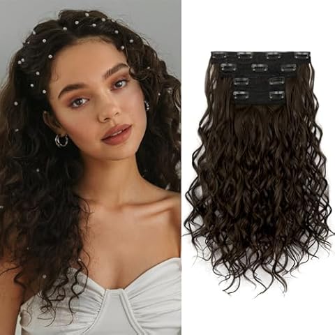 LEEONS Curly Clip in Hair Extensions, 4PCS 16 inch Curly/Wavy Hair Extensions Clip ins - Lace Weft Soft Natural Hairpieces for Women (Dark Brownk) Cover