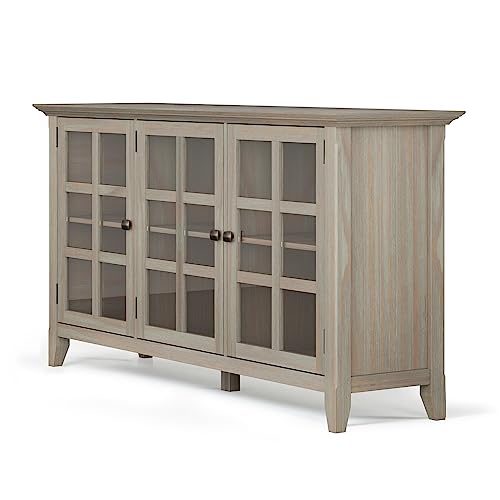 Simplihome Acadian Solid Wood 62 Inch Wide Transitional Wide Storage Cabinet In Distressed Grey, With 3 Tempered Glass Doors, 3 Adjustable Shelves #TOP6