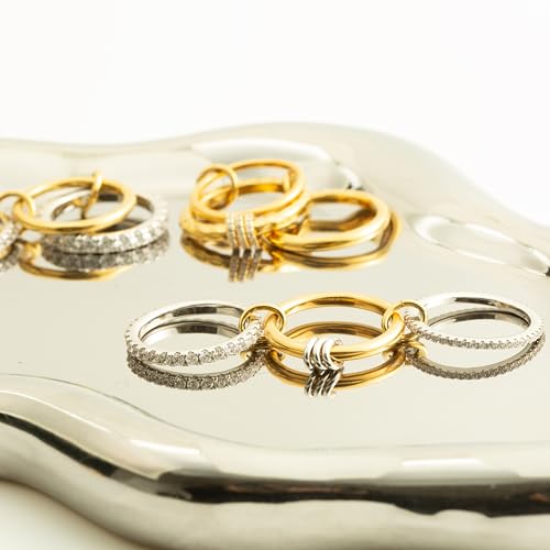 Stackable Rings for Women Non Tarnish,Dainty 18k Gold Plated CZ Cubic Zirconia Rings,Silver and Gold Rings Set,Multi-Link Connected Rings4