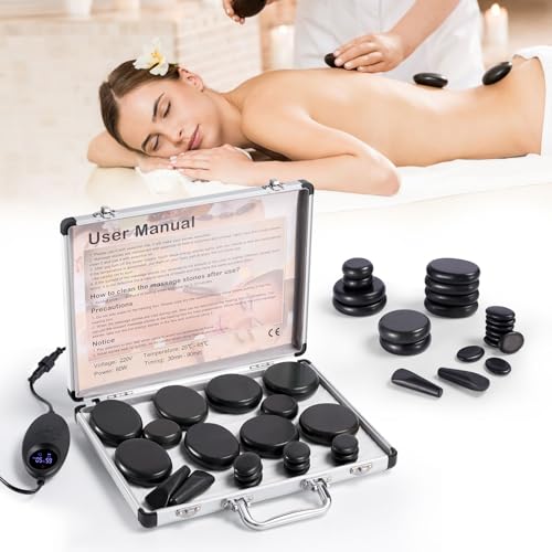 21 peças aquecedor pedras quentes com controlo de temperatura, kit pedras quentes hot stones massajador de basalto para massagem de corpo inteiro spa relaxamento (21 peças)