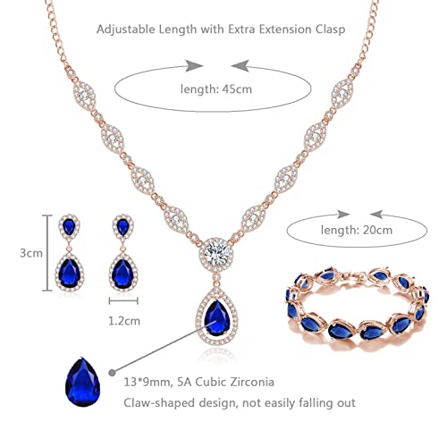 Gulicx Rose Gold Blue Rhinestone Jewelry Set For Women - Perfect For Weddings, Proms, And Bridesmaids. Includes Teardrop Pendant Necklace, Dangle Earrings, And Bracelet. #TOP1