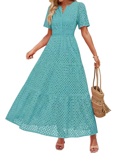 Image of ZESICA Women's 2026 Summer Short Sleeve Maxi Dress Casual V Neck Hollow Out Eyelet Ruffle Swing A Line Long Dresses